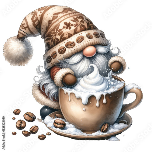 Embrace the cozy holiday spirit with this charming image of a festive gnome enjoying a steaming cup of coffee, adorned with delightful coffee bean accents, perfect for spreading warmth and cheer this