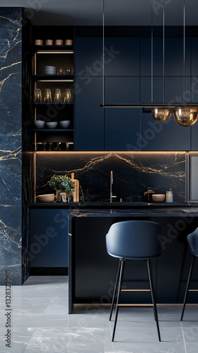 Navy blue kitchen elegant modern interior dark cabinetry marble countertops warm lighting luxury home design contemporary sophisticated stylish culinary space premium finishes cozy atmosphere chic
