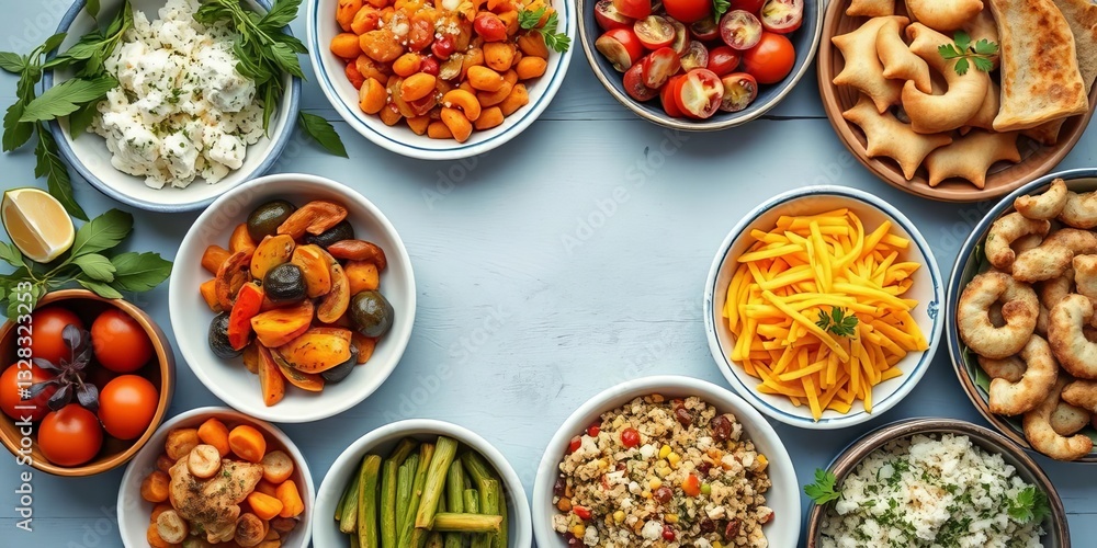 Overhead shot of diverse Greek dishes, showcasing traditional ingredients and vibrant colors, hummus, delicious Overhead shot of diverse Greek dishes, showcasing traditional ingredients and vibrant colors, hummus, delicious