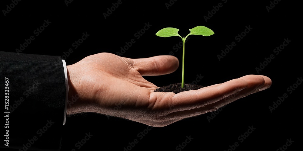 A hand holds a small green plant sprouting from soil, symbolizing growth, nurturing, and environmental awareness against a dark background. A hand holds a small green plant sprouting from soil, symbolizing growth, nurturing, and environmental awareness against a dark background.