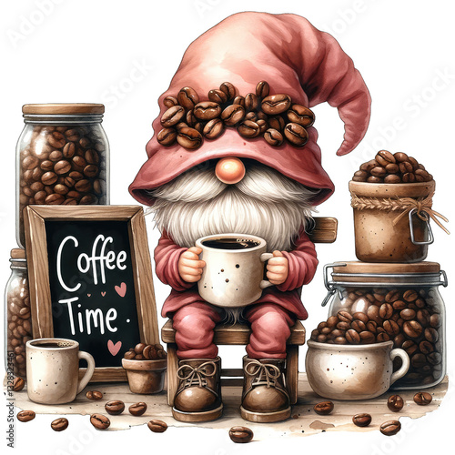 Enchanting Coffee Gnome Illustration A whimsical digital artwork featuring a charming gnome adorned with coffee beans, inviting you to savor a moment of warmth and joy, a delightful blend of fantasy