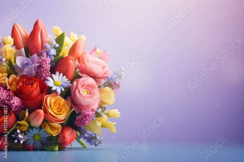 A beautiful banner template for Mother's Day, birthdays, and International Women's Day, with a colorful bouquet of flowers against a green backdrop, offering ample space for text
