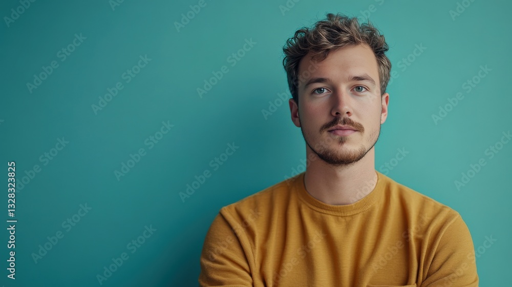 Casual Portrait of a Young Man with Curly Hair Against a Turquoise Background Casual Portrait of a Young Man with Curly Hair Against a Turquoise Background