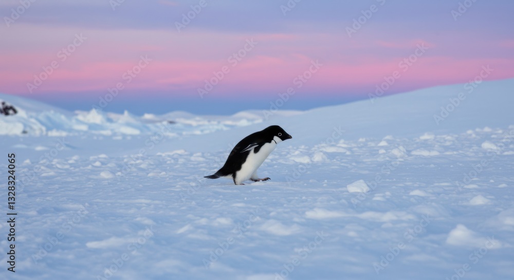 Ad?lie Penguin in Antarctic Landscape at Sunset: A Breathtaking Wildlife Scene Ad?lie Penguin in Antarctic Landscape at Sunset: A Breathtaking Wildlife Scene