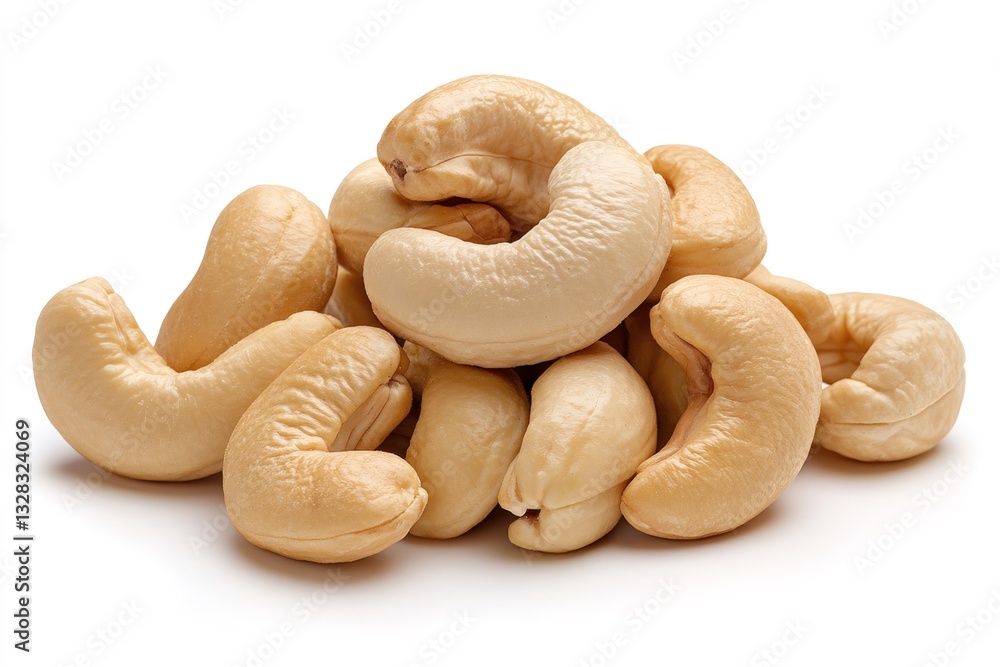 Cashew nuts isolated on white background, forming a small mountain Cashew nuts isolated on white background, forming a small mountain