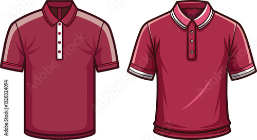 Burgundy Color Henley shirt long sleeve And short sleeve Technical Drawing Flat Drawing Template.
