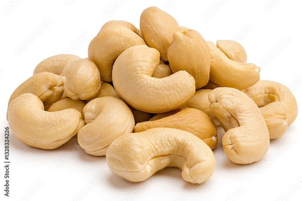 Pile of cashew nuts forming a small mountain on a white background Pile of cashew nuts forming a small mountain on a white background