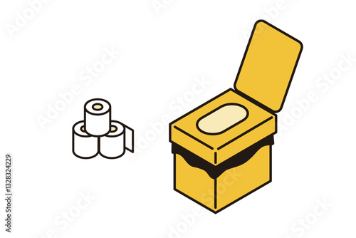 簡易トイレとトイレットペーパーのシンプルなアイソメトリックイラスト
