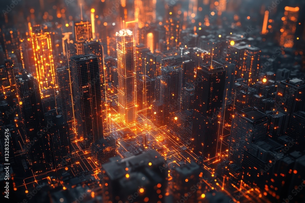 Fototapeta premium Futuristic city glowing with orange lines, depicting digital infrastructure. Ideal for tech, innovation, and smart city concepts.