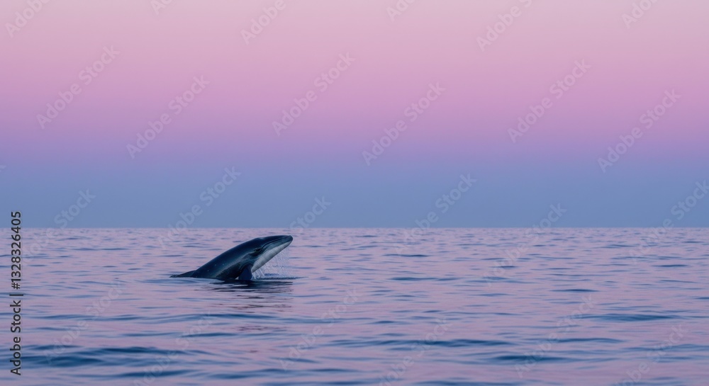 Fototapeta premium Serene Sunset: A Minke Whale Breaching in the Calm Ocean Waters
