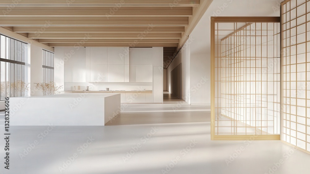 Fototapeta premium spacious kitchen with white counters and a folding screen beside a white wall.