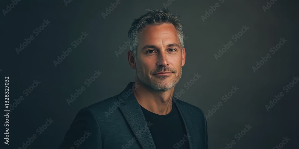 Obraz premium Confident Man in a Dark Suit Against a Subtle Background: A Portrait of Modern Masculinity