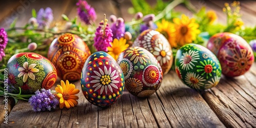 Rustic Easter Eggs: Floral Decor & Wildflowers on Wooden Table - Long Exposure Photography