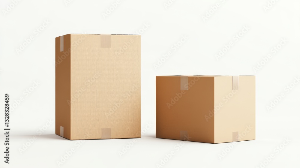 Fototapeta premium 21.A clean vector illustration of small and large carton boxes with minimalist designs, highlighting their foldable textures and capped tops, placed side by side on a pure white background.