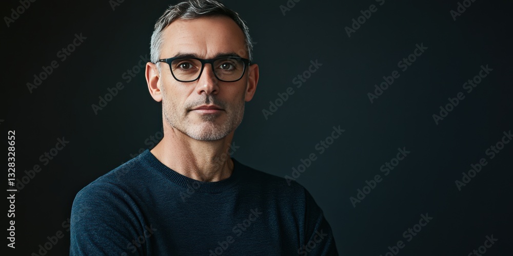 Confident Middle-Aged Man in Glasses Against a Dark Background Confident Middle-Aged Man in Glasses Against a Dark Background