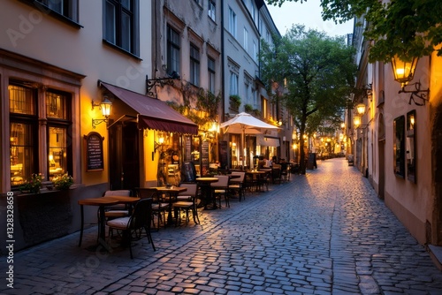 Cobblestone street with outdoor cafes illuminating the romantic evening in Vienna, Austria