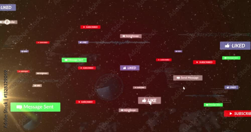 Animation of social media notifications floating in digital space background Animation of social media notifications floating in digital space background