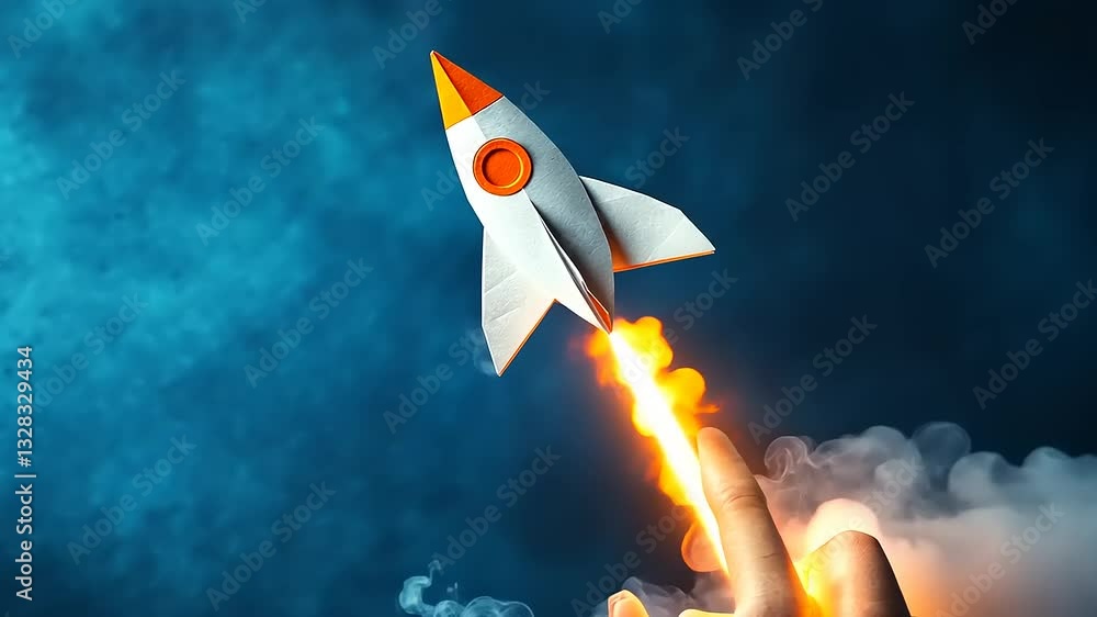A hand launching a paper rocket into the sky, symbolizing innovation and creativity in a dynamic setting