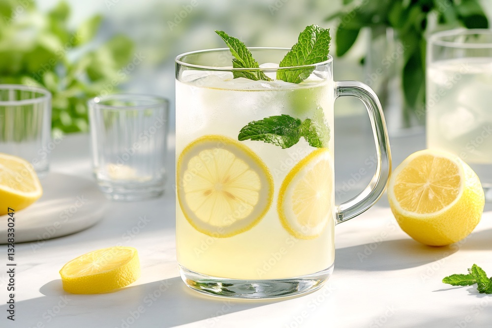 Fototapeta premium Refreshing lemonade with ice and mint in a glass mug