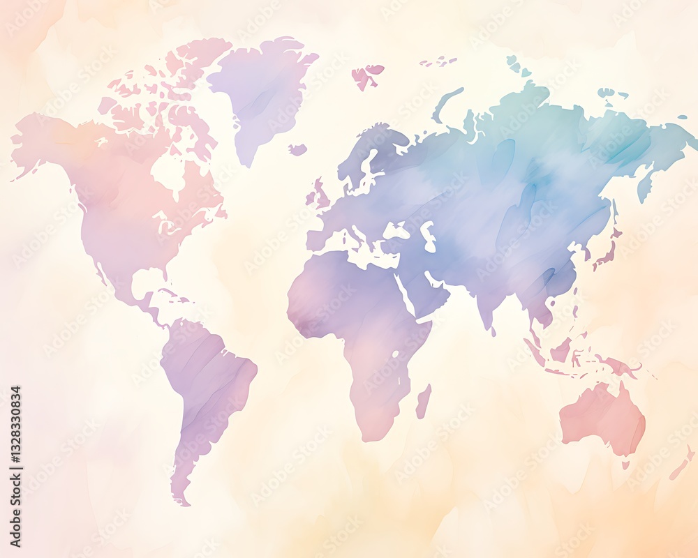 Obraz premium Soft Pastel Watercolor World Map in Gentle Hues