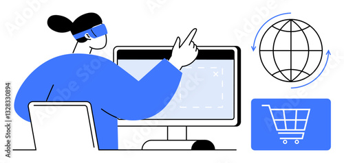 Woman with VR headset interacts with computer, pointing at screen, shopping cart icon, and globe. Ideal for e-commerce, technology, virtual reality, global trade, innovation online shopping digital
