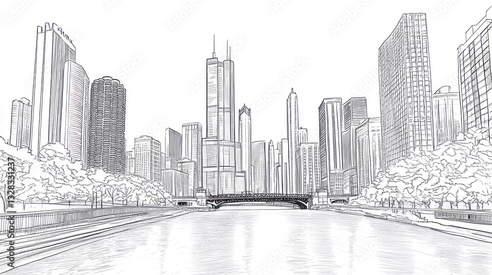 Fototapeta premium Chicago Skyline Line Drawing, Cityscape, River, Trees