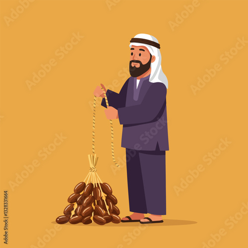 Man Holding Bunch of Dates Traditional Middle Eastern Clothing Illustration