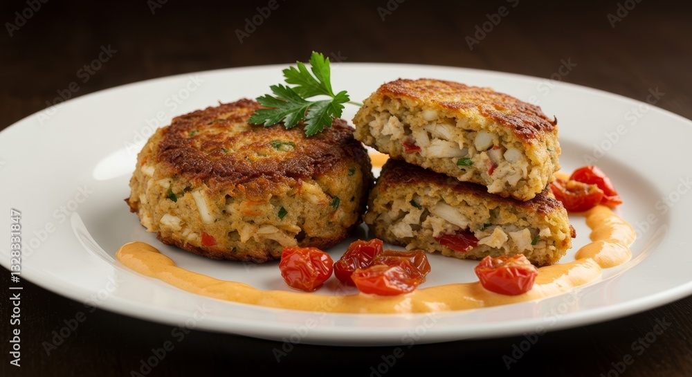 Delicious Crab Cakes with Creamy Sauce and Sun dried Tomatoes Gourmet Food Photography Delicious Crab Cakes with Creamy Sauce and Sun dried Tomatoes Gourmet Food Photography