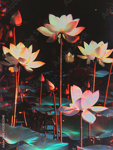 Retro futuristic lotus flower glowing neon light surreal pond dreamy vaporwave aesthetic digital art cyberpunk nature fantasy mystic bloom ethereal luminous petals nostalgic 1980s sci fi film look