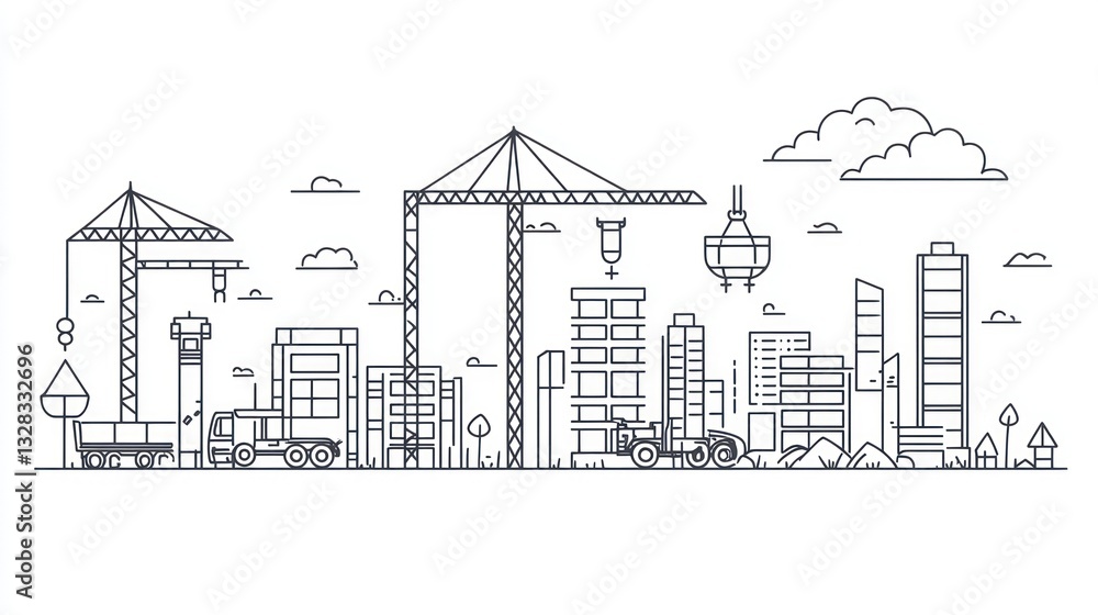 Fototapeta premium Urban Construction Site Line Art