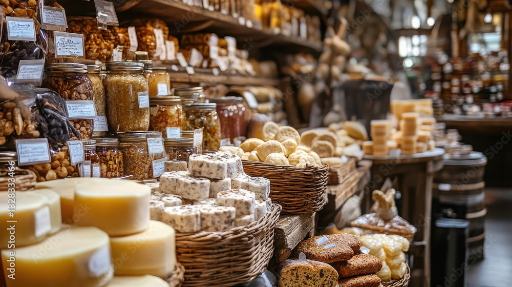 Fototapeta premium A rustic market display filled with various cheeses, baked goods, and jars of preserves.