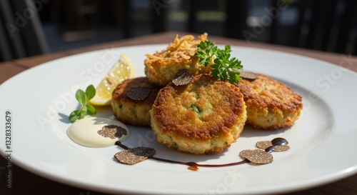 Gourmet Crab Cakes with Truffle Garnish Lemon and Sauce