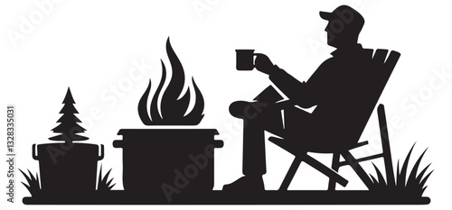 Cozy camping silhouette illustration of person relaxing by the campfire