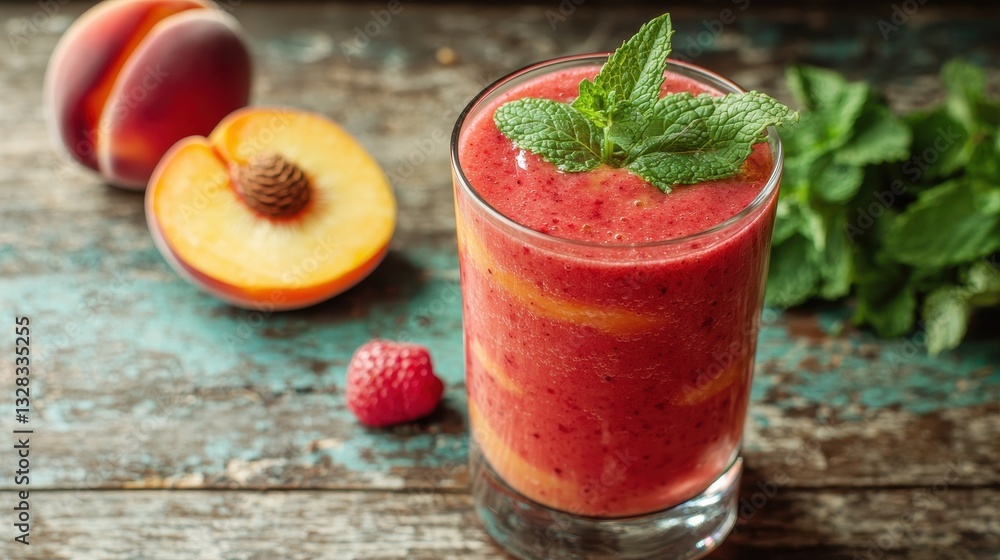 A refreshing fruit smoothie with raspberries and peaches, garnished with mint, served in a glass on a rustic wooden surface. A refreshing fruit smoothie with raspberries and peaches, garnished with mint, served in a glass on a rustic wooden surface.