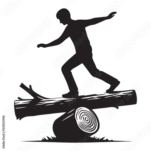 Silhouette Person Balancing on Log See Saw Vector Illustration Art