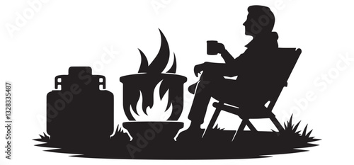 Silhouette Man Campfire Vector Illustration With Propane Tank Art