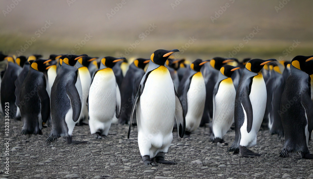 Obraz premium King penguin making way through a group of penguins