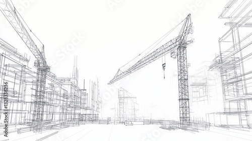 Architectural crane blueprint city, construction design, urban planning, illustration for project proposal
