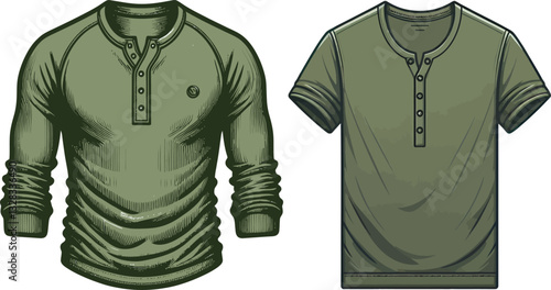 Olive Green Color Henley shirt long sleeve And short sleeve Technical Drawing Flat Drawing Template.