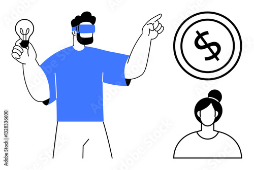 Man wearing VR headset holding a lightbulb, gesturing towards a dollar coin, with a female figure. Ideal for innovation, technology, finance, creativity, teamwork leadership progress. Flat simple