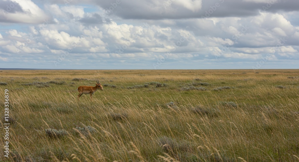 Naklejka premium Saiga Antelope in the Vast Steppe under a Cloudy Sky A Stunning Wildlife Photography