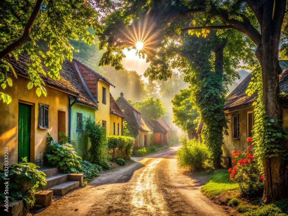 Fototapeta premium Rustic Village Houses Dirt Road Tree Lined Lane Stock Photo