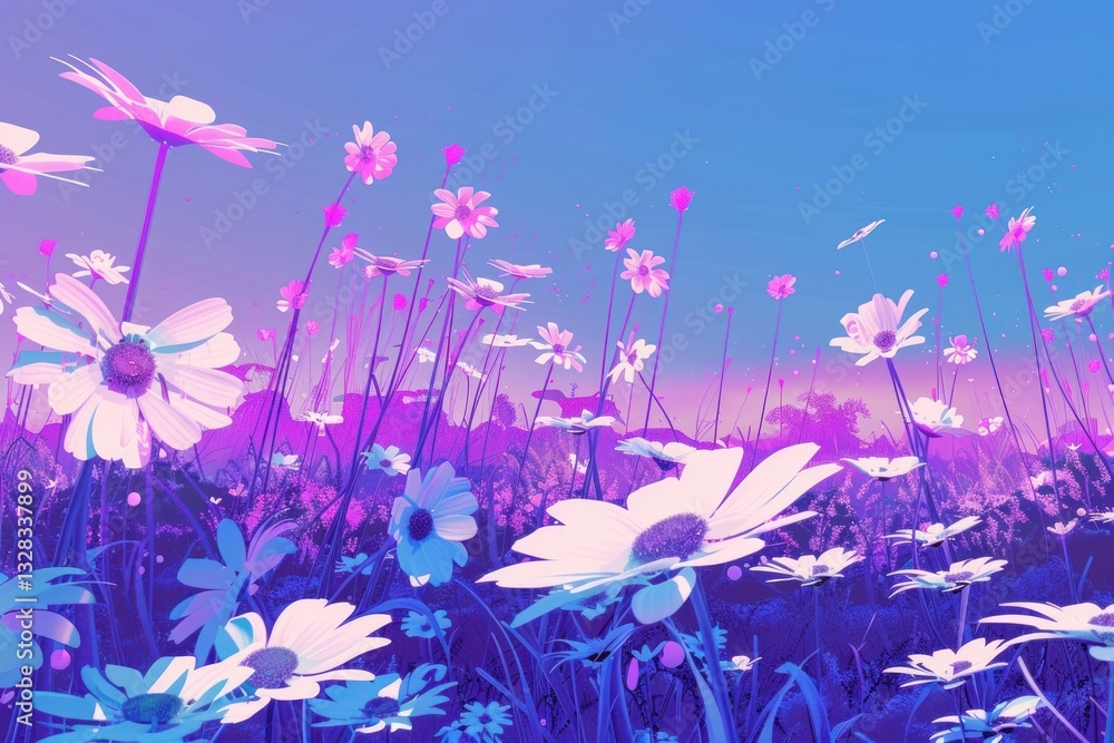 Fototapeta premium Meadow with lots of white and pink spring daisy flowers in sunny day purple backgrounds landscape.