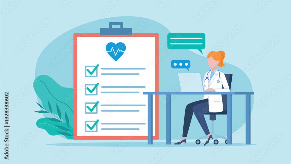 A female doctor working at a computer and having an online conversation with a patient. Next to the doctor is a checklist with test results. There is a speech bubble next to the doctor's head. A female doctor working at a computer and having an online conversation with a patient. Next to the doctor is a checklist with test results. There is a speech bubble next to the doctor's head.