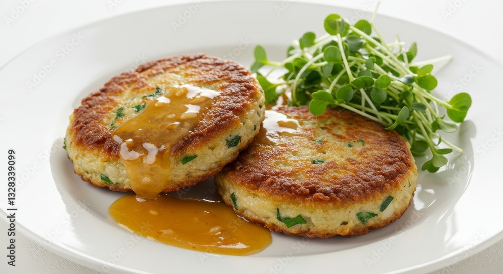 Delicious Golden Brown Fish Cakes with Savory Sauce and Microgreens Garnish Delicious Golden Brown Fish Cakes with Savory Sauce and Microgreens Garnish