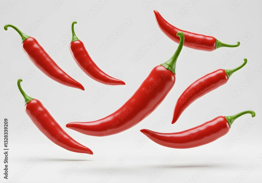 Floating Red Chili Peppers Isolated on White Background Ready for Cooking Floating Red Chili Peppers Isolated on White Background Ready for Cooking