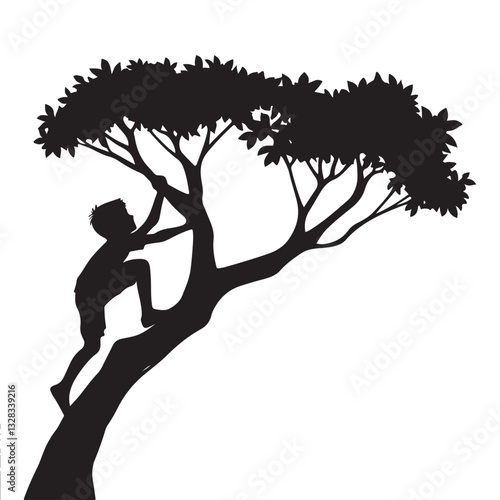 Silhouette Boy Climbing Tree Illustration Outdoor Adventure Vector Graphic