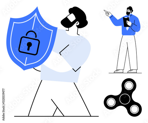 Male figure holding a shield with a padlock symbol representing security, another person pointing while holding documents, and a black fidget spinner. Ideal for security, teamwork, focus, protection