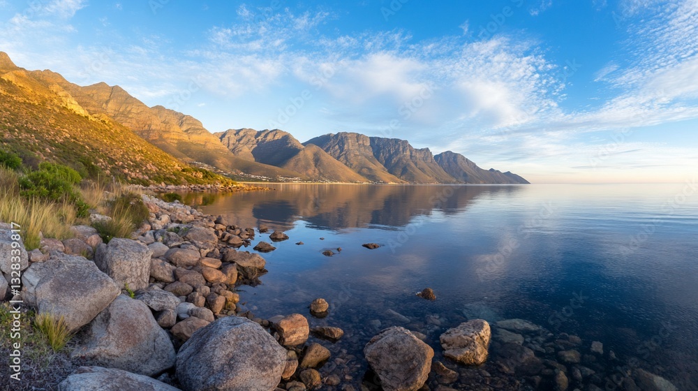 Calm seascape of mountains, reflective water, and rocky shore under blue sky Calm seascape of mountains, reflective water, and rocky shore under blue sky