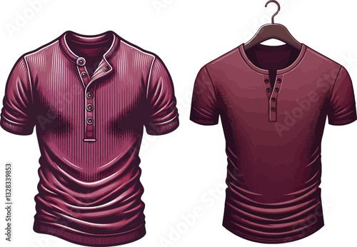 Burgundy Color Henley shirt long sleeve And short sleeve Technical Drawing Flat Drawing Template.